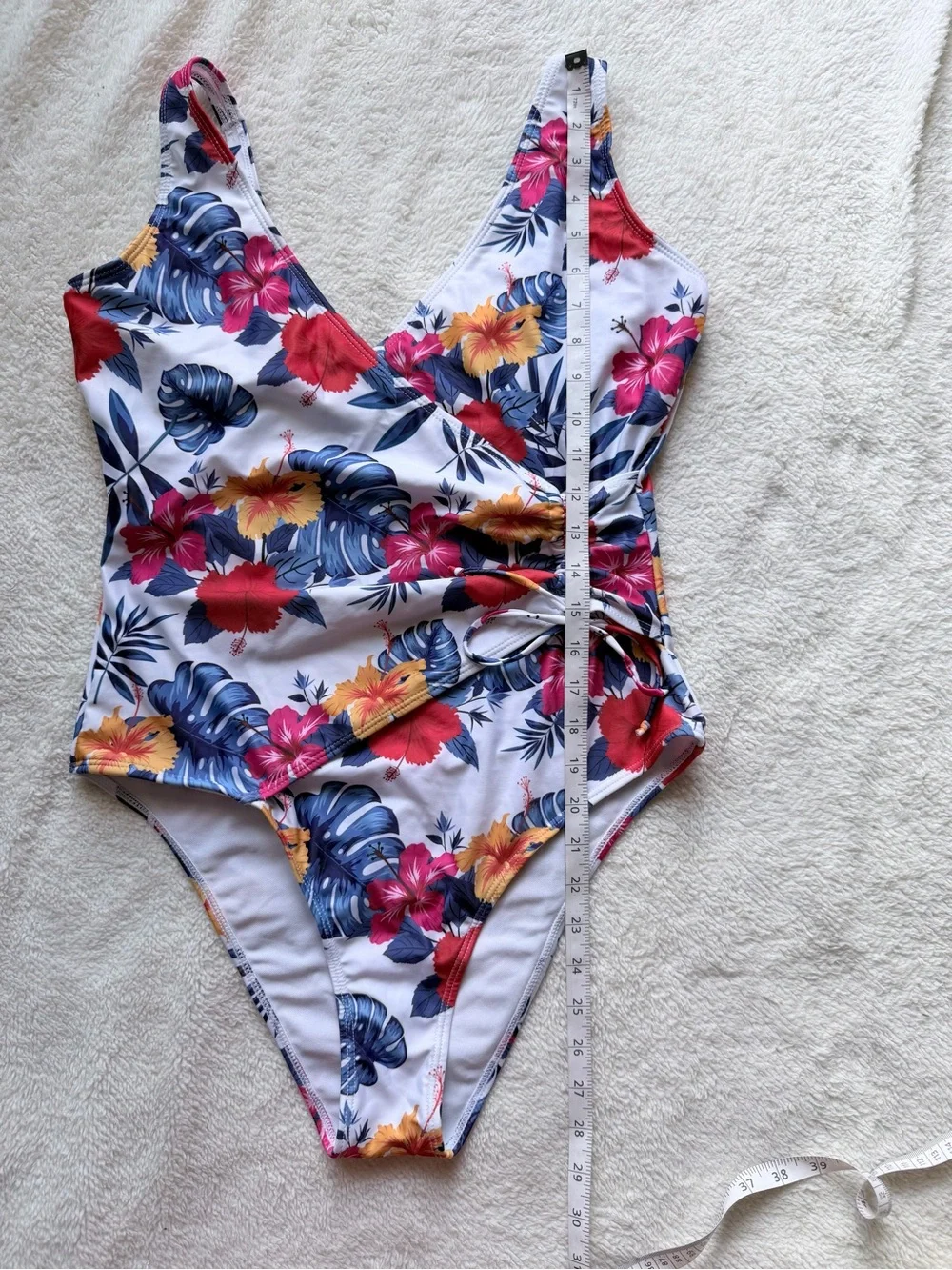 Floral Tropical One-Piece Swimsuit in White with Red & Blue Accents